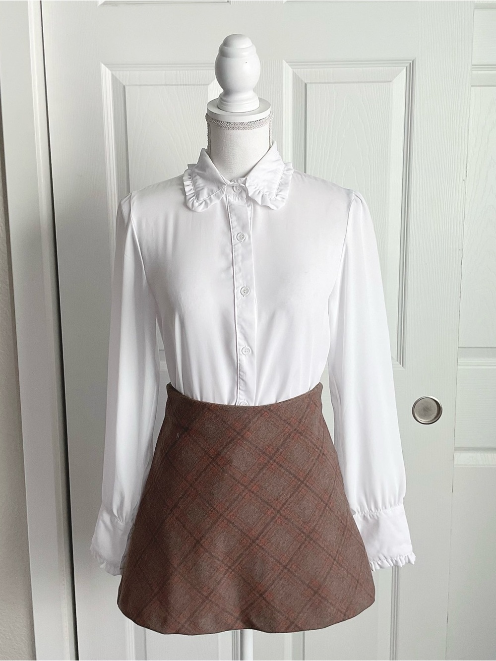 White Ruffle-Collar Button Front Blouse - Women